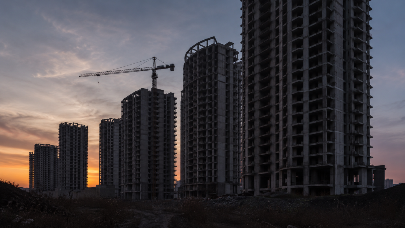 Tours résidentielles inachevées au crépuscule, façades de béton nu et grue immobile.