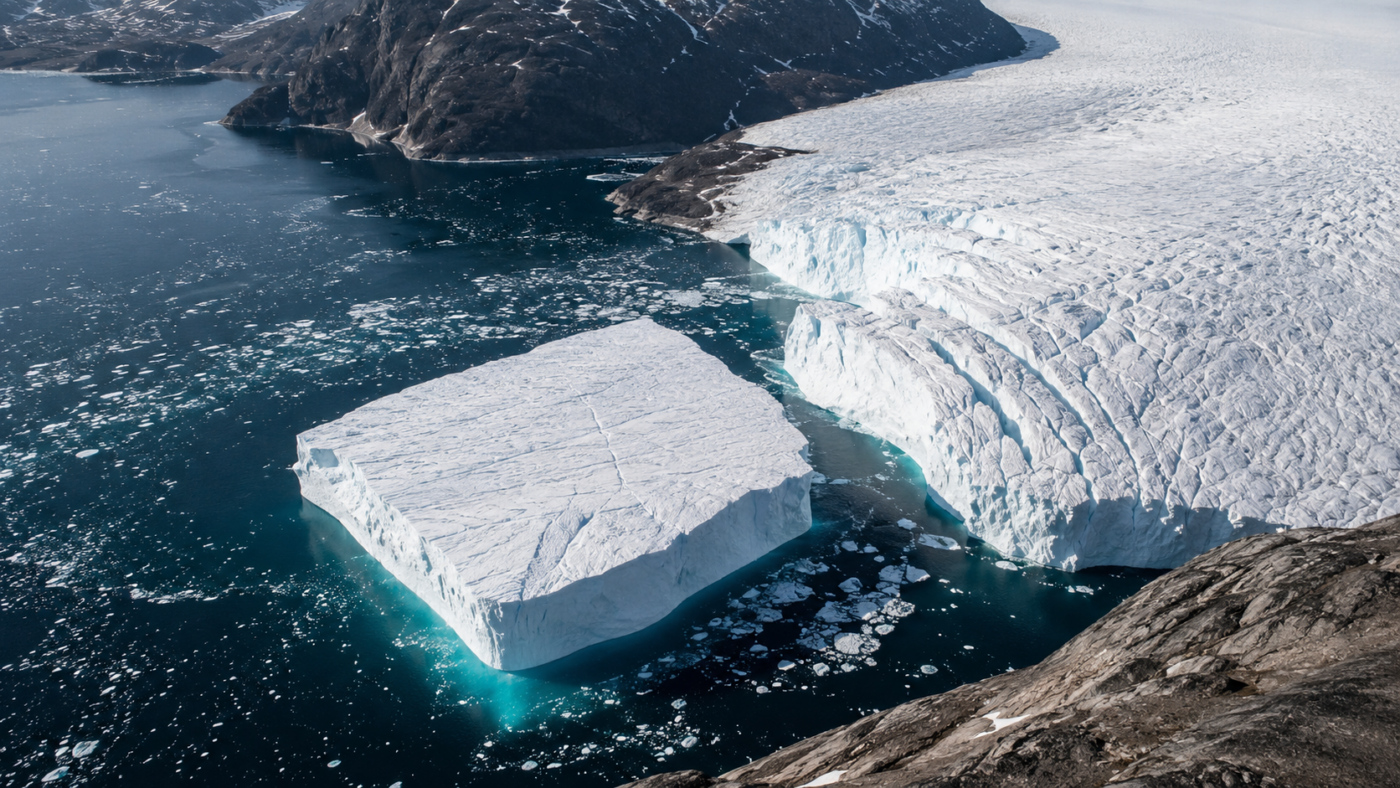 Vue aérienne d’un iceberg tabulaire détaché d’une langue glaciaire flottante, entre deux versants rocheux d’un fjord arctique