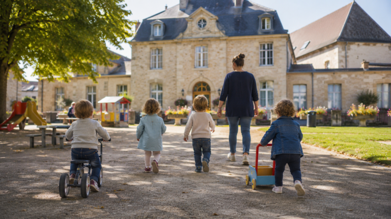 Devant une petite mairie française un matin d’été, quelques tout-petits vus de dos jouent dans la cour d’une crèche pendant qu’une professionnelle les accompagne.