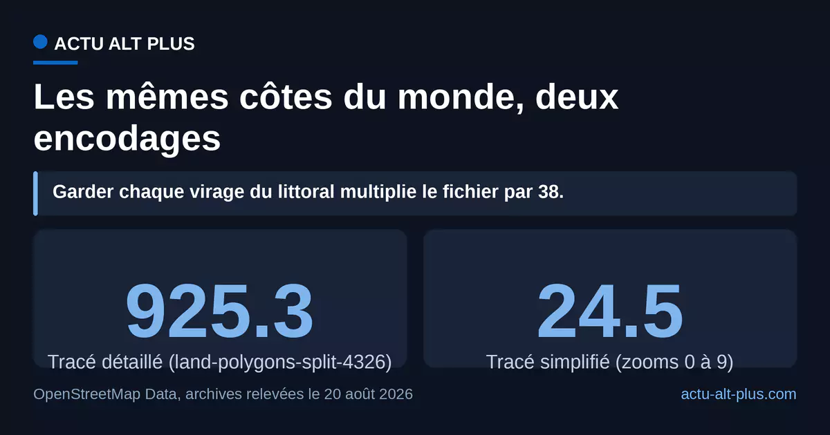 Le tracé détaillé pèse 38 fois le tracé simplifié pour le même littoral mondial. Limite : les deux archives sont reconstruites chaque jour, leur taille bouge de quelques mégaoctets.