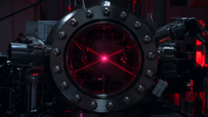 Hublot d'une chambre à vide où un nuage d'atomes froids luit faiblement au croisement de faisceaux laser rouges, dans un laboratoire sombre.