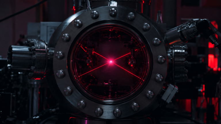 Hublot d'une chambre à vide où un nuage d'atomes froids luit faiblement au croisement de faisceaux laser rouges, dans un laboratoire sombre.