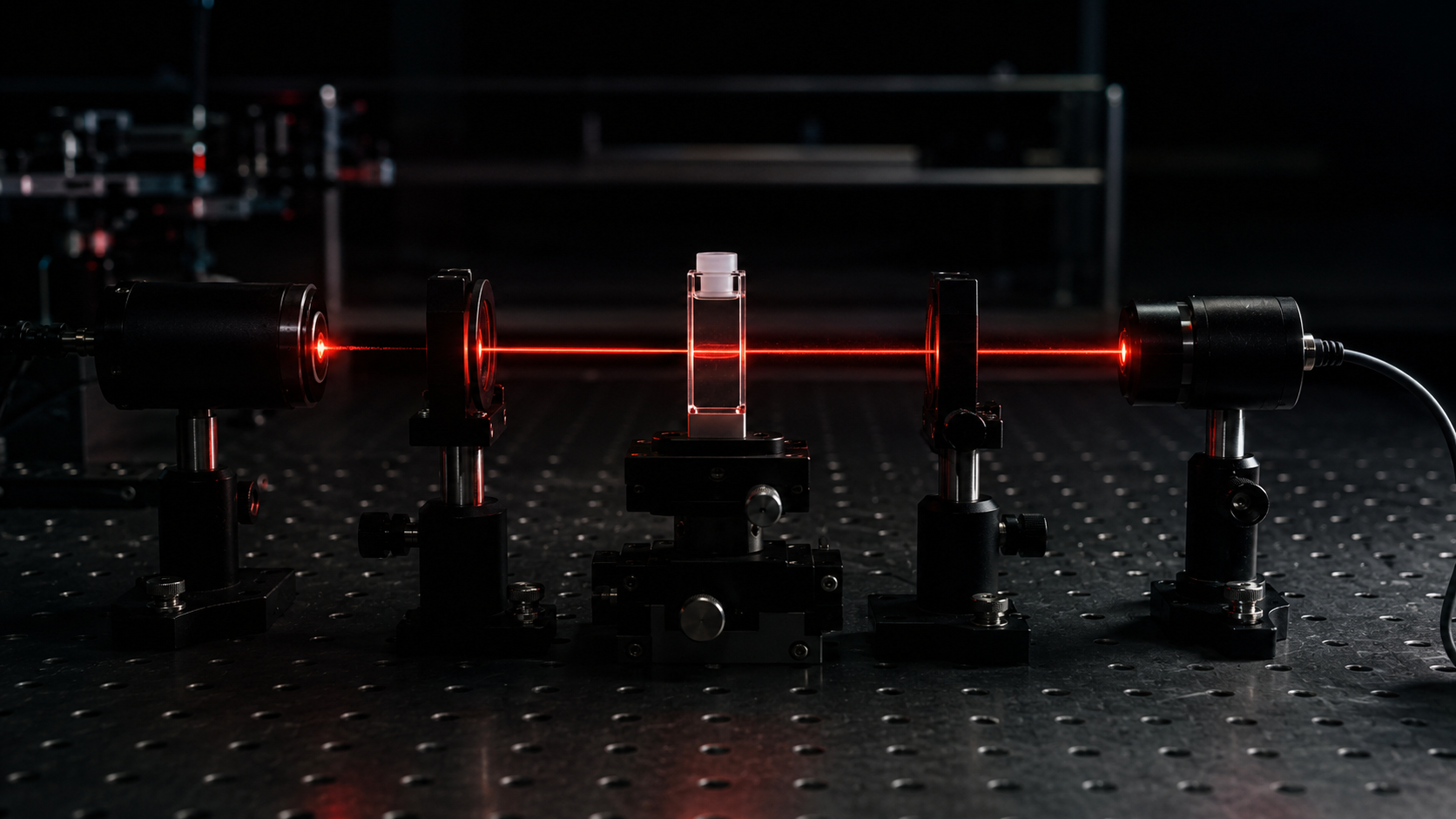 Table d'optique dans l'obscurité, faisceau laser traversant une petite cellule de verre placée entre deux photodétecteurs.