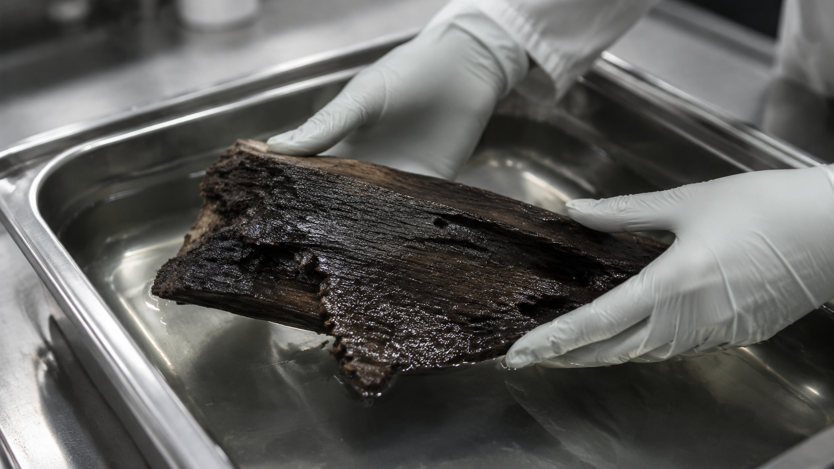 Mains gantées soutenant un fragment de bois archéologique gorgé d'eau dans un bac de laboratoire en inox rempli de liquide clair.