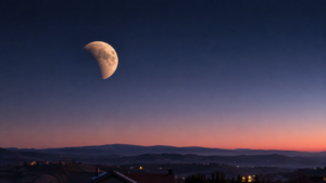 Une lune presque pleine partiellement assombrie par l'ombre de la Terre, basse au-dessus d'un horizon de collines et de toits à l'aube, ciel bleu nuit virant au rose.