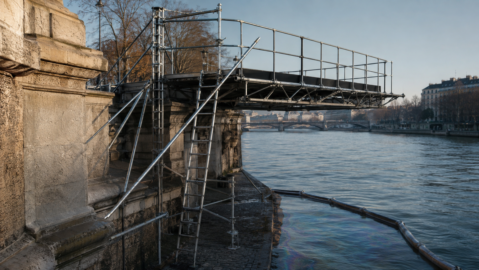 Plateforme de plongeon métallique déserte montée sur un pont au-dessus d'un fleuve urbain, au petit matin