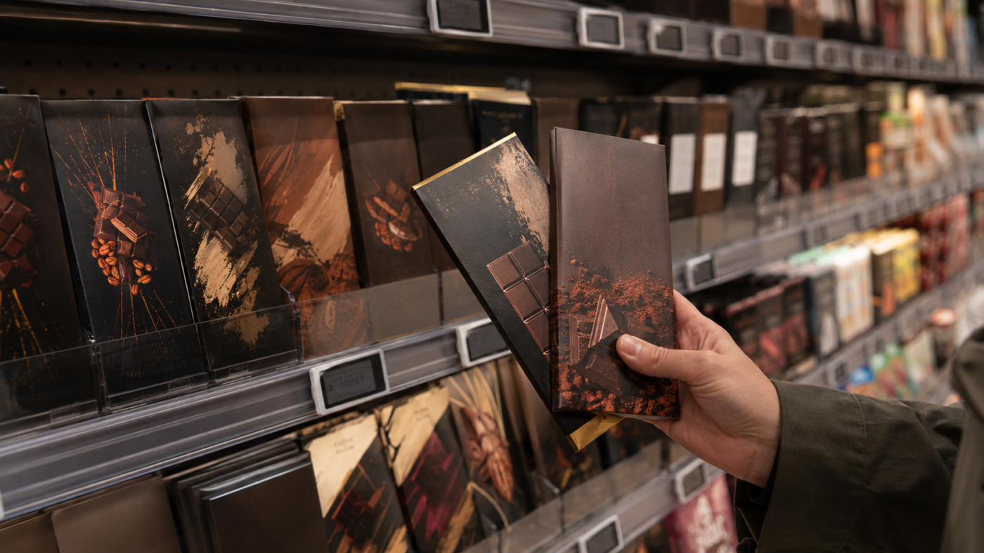 Rayon de tablettes de chocolat noir dans un supermarché français, une main compare deux emballages