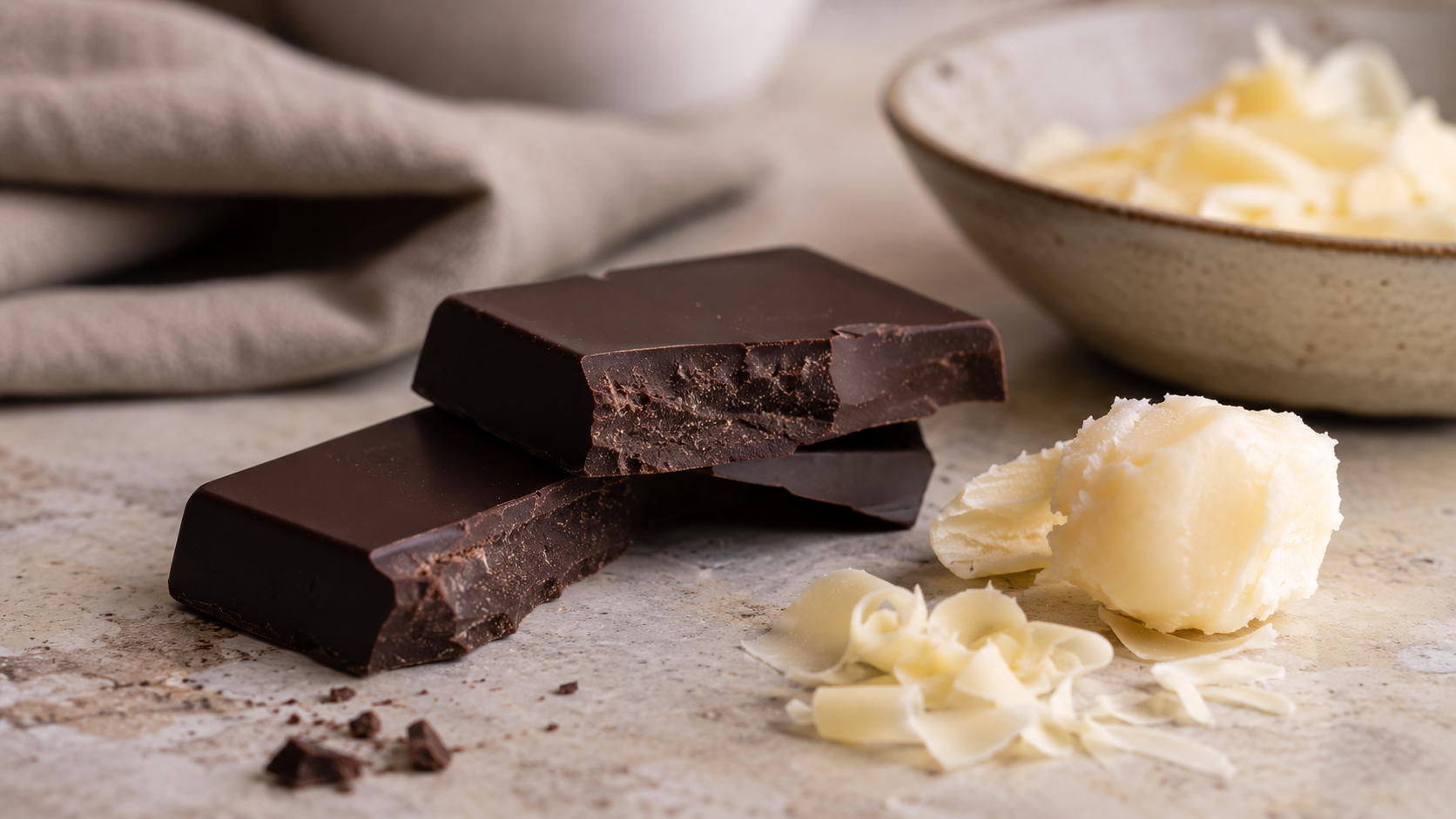 Carré de chocolat noir cassé à côté de matière grasse végétale et de copeaux de beurre de cacao sur un plan de travail