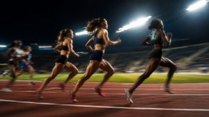 Coureuses de demi-fond dans le dernier virage d’une piste d’athlétisme éclairée la nuit, silhouettes en mouvement flou.