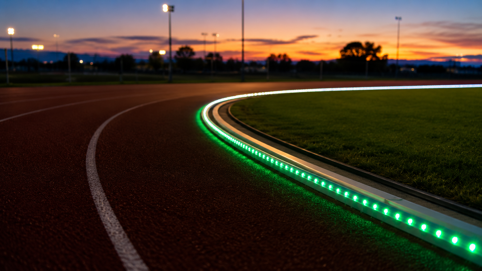 Bande de diodes vertes allumée le long de la bordure intérieure d’une piste d’athlétisme déserte, au crépuscule.