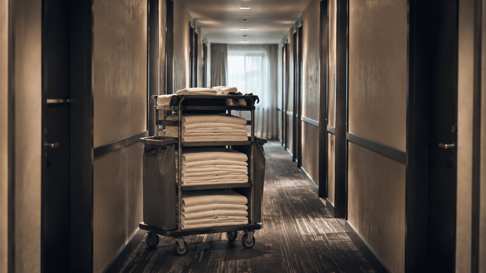 Chariot de ménage chargé de linge blanc dans un couloir d'hôtel désert