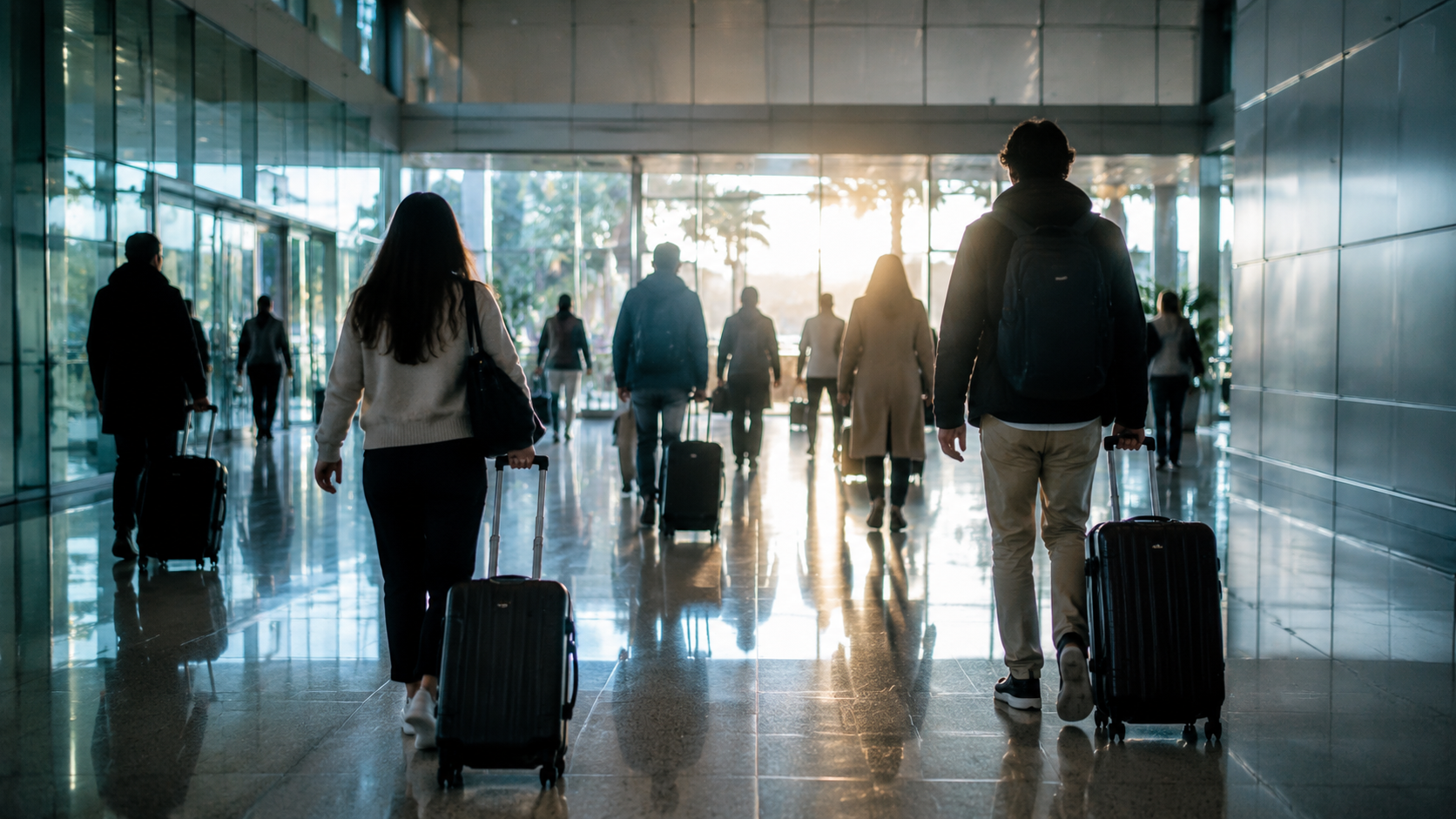 Voyageurs de dos tirant des valises dans un hall d'arrivée d'aéroport