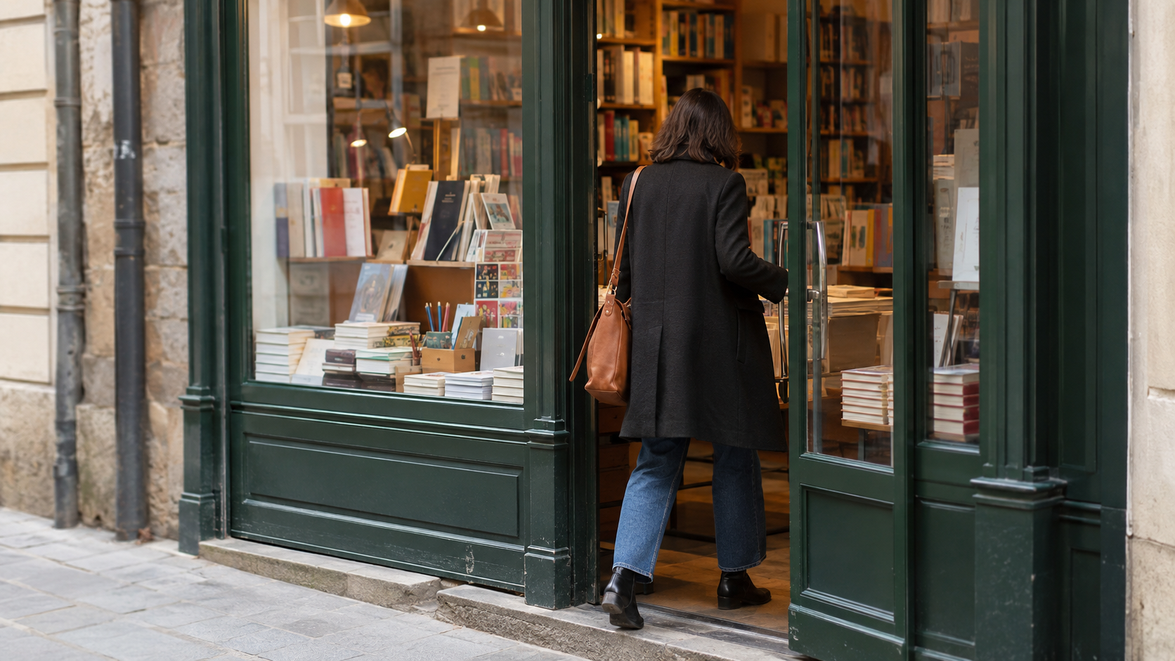 Devanture d’une librairie-papeterie de centre-ville en France, une cliente de dos pousse la porte vitrée.
