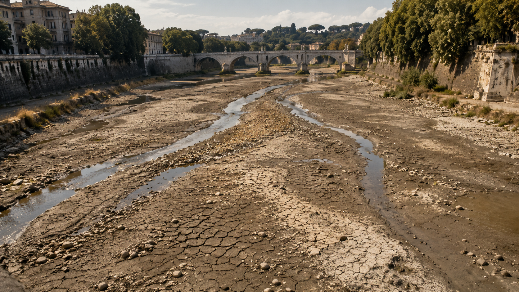 Lit de rivière presque à sec en été, galets et vase craquelée entre deux minces filets d’eau.