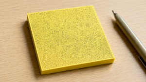 Note adhésive jaune carrée couverte de minuscules signes serrés, posée sur un bureau en bois clair à côté d’un stylo fin.