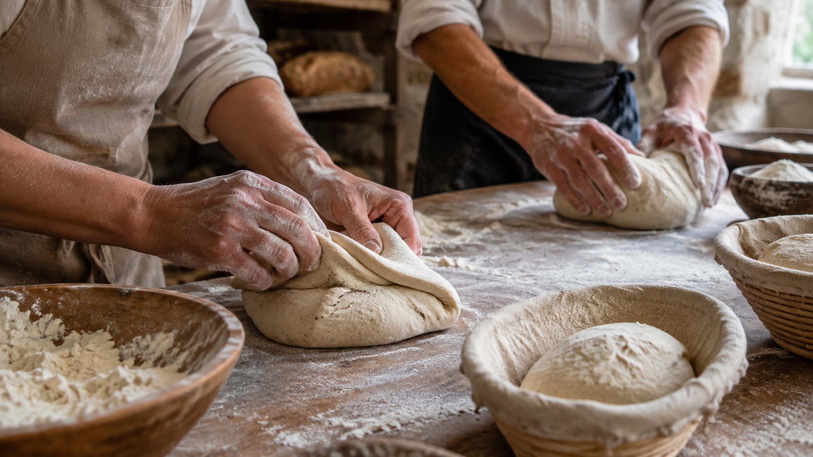Deux paires de mains farinées façonnent des pains au levain sur un plan de travail en bois, dans un petit fournil de village français.