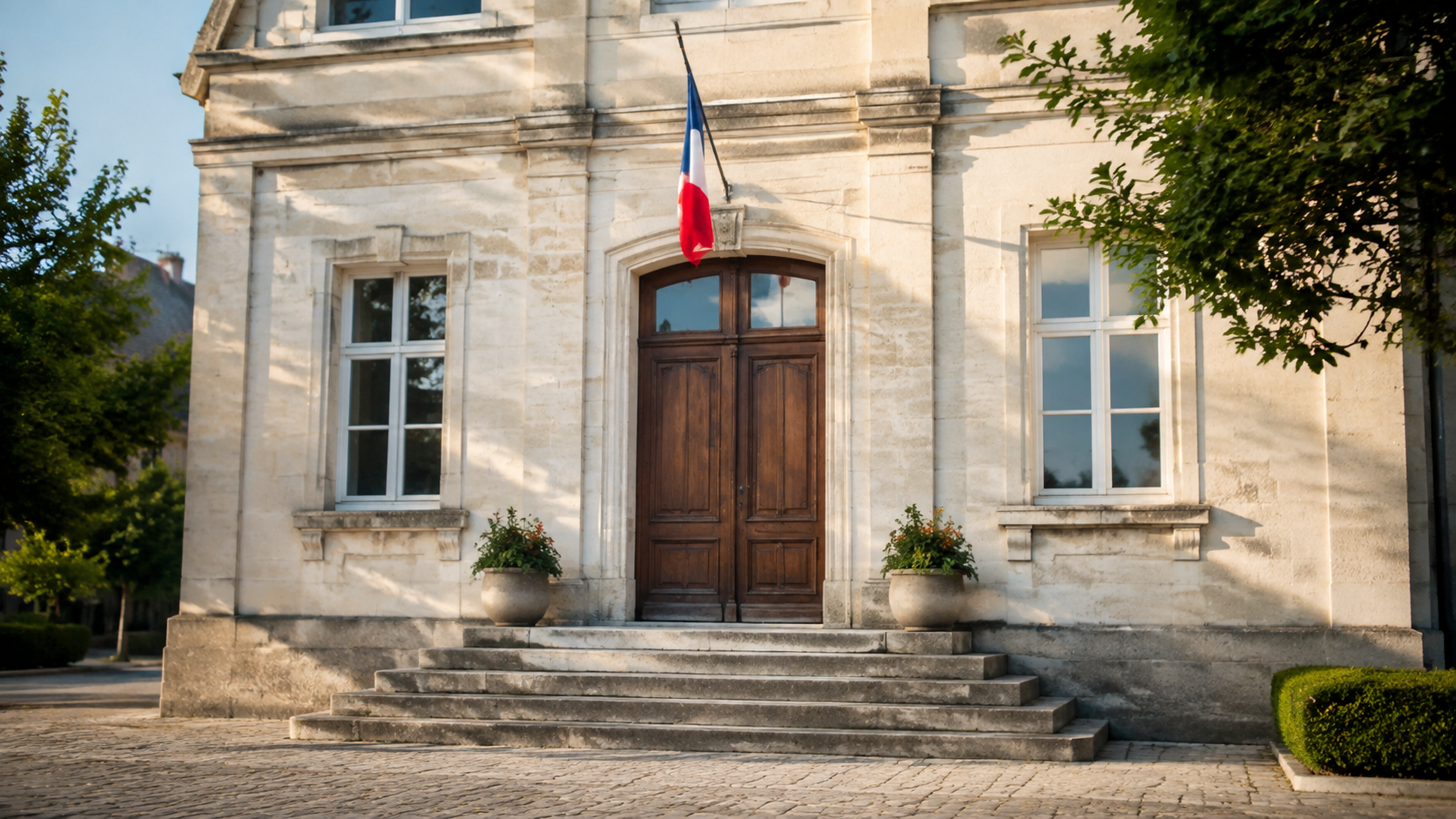 Porte close d’une petite mairie française un matin d’août, drapeau tricolore immobile au-dessus de marches de pierre vides