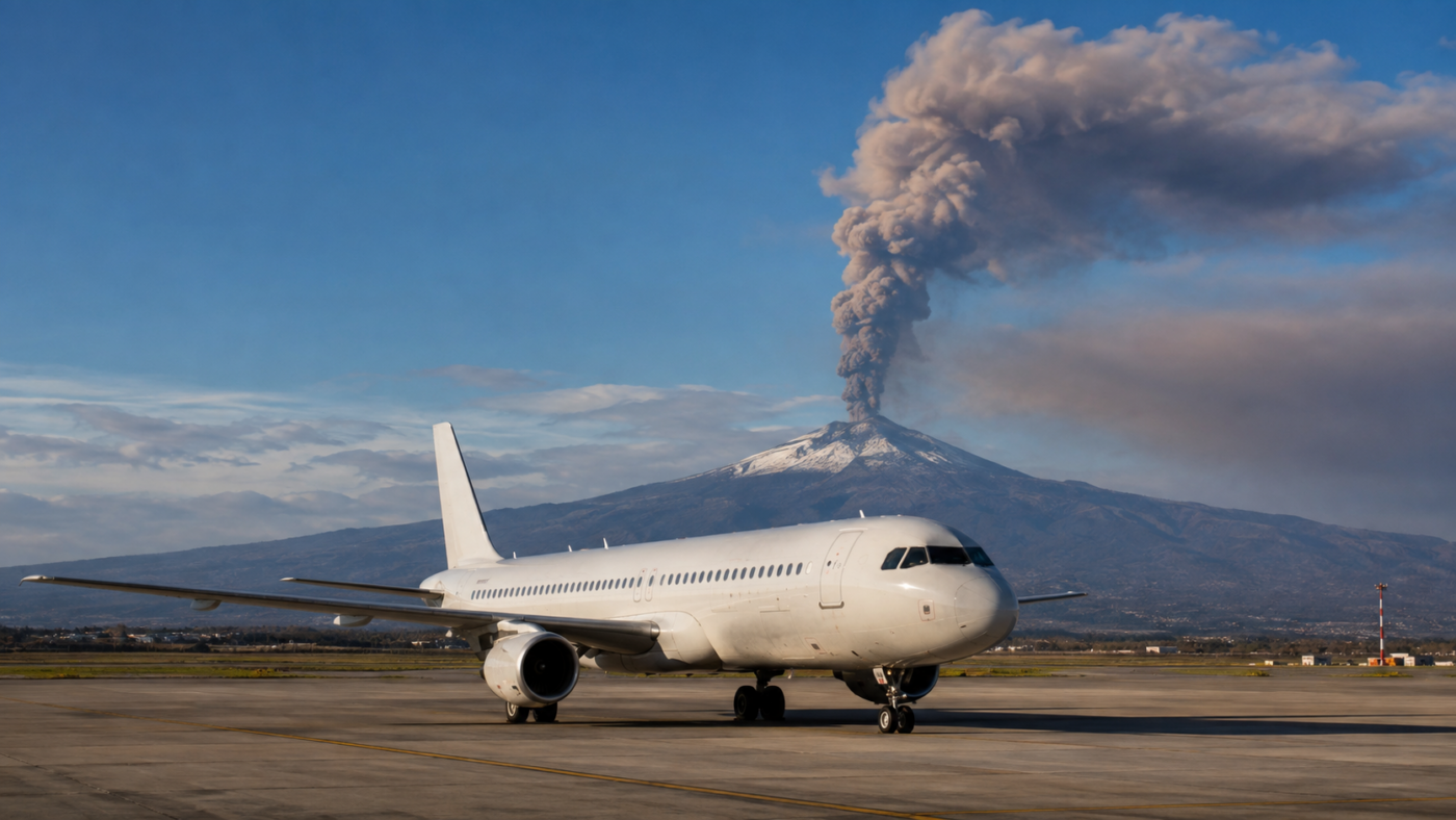 Panache de cendres brun-gris s’élevant au-dessus d’un sommet lointain, au premier plan un avion de ligne immobile sur un tarmac désert.