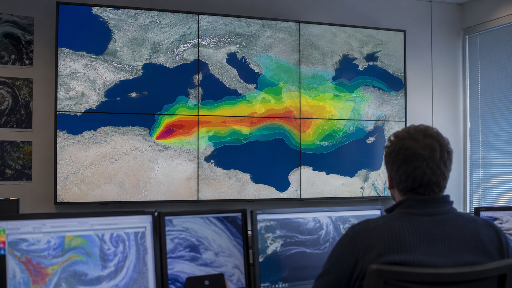 Écran mural d’un centre de veille météorologique affichant une carte de dispersion aux contours colorés au-dessus de la Méditerranée, un prévisionniste de dos.