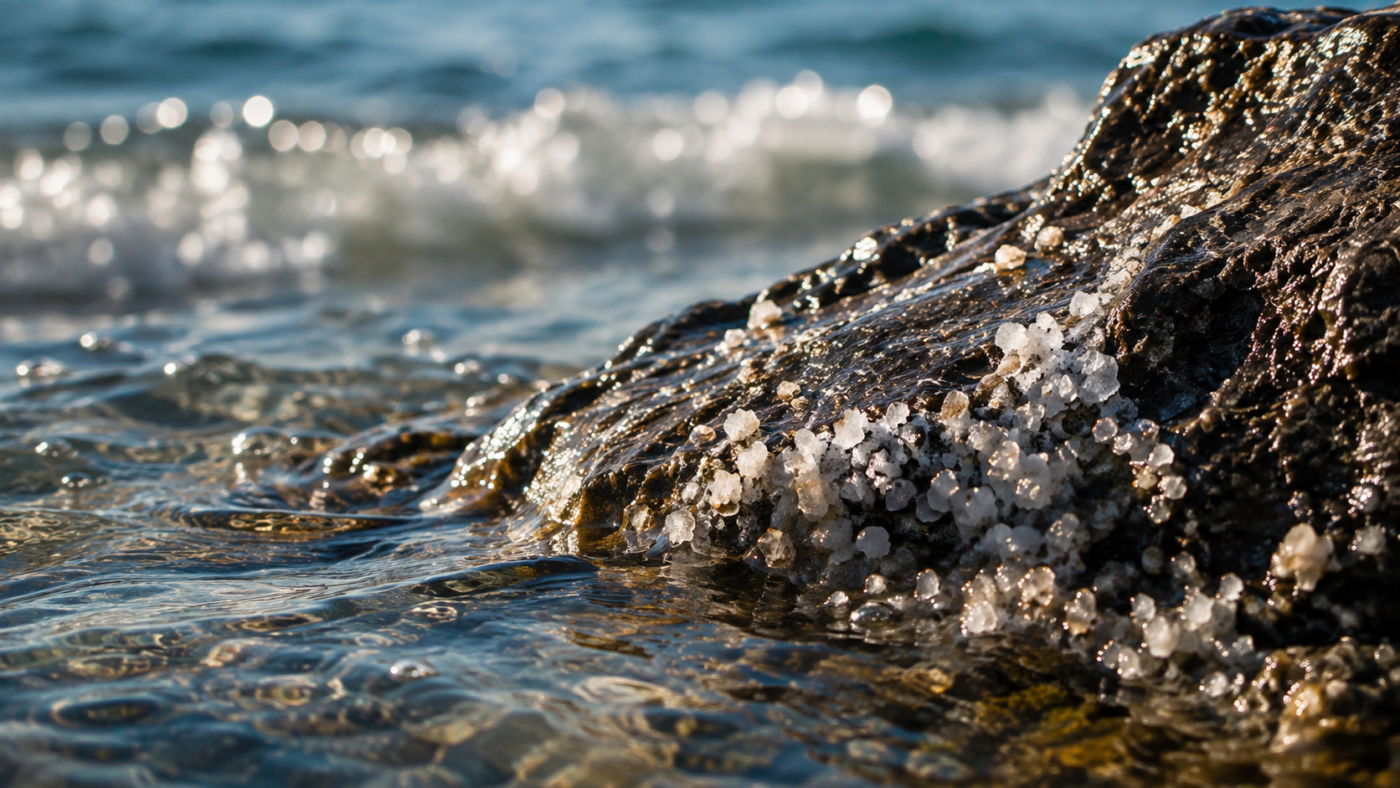 Eau de mer claire sur un rocher sombre parsemé de fins cristaux de sel scintillants, vagues et reflets du soleil derrière.