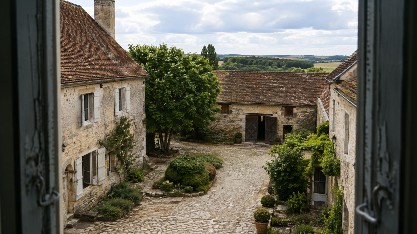 Cour d’une ferme bourguignonne en pierre vue depuis la fenêtre d’un étage, avec dépendances à toits de tuiles et un arbre.