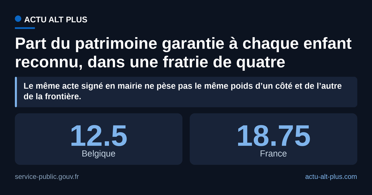 Pour le même acte de reconnaissance, la loi française garantit à chaque enfant une part une fois et demie plus grande qu’en Belgique (réserve globale de trois quarts contre une moitié). Limite : ce sont des minima légaux, hors donations antérieures et régime matrimonial.