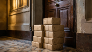 Une pile de colis de livres emballés dans du papier kraft, posée devant une porte en bois d’un couloir d’immeuble ancien.