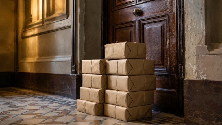 Une pile de colis de livres emballés dans du papier kraft, posée devant une porte en bois d’un couloir d’immeuble ancien.