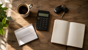 Vue de dessus d'une table de cuisine où sont posés une calculatrice, des clés de voiture, un billet de train plié, un carnet ouvert et une tasse de café, dans la lumière du matin.