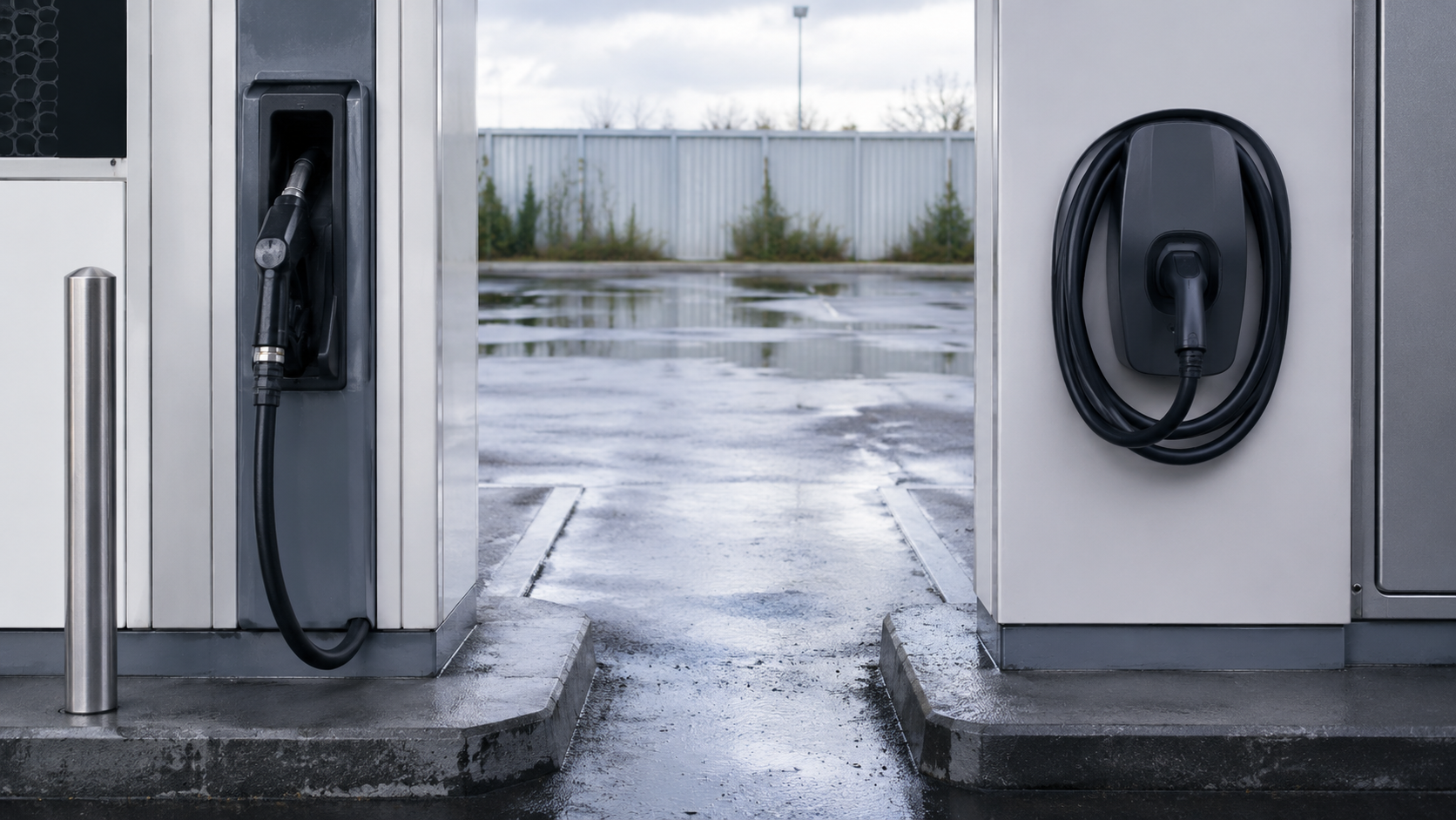 Sur le parvis d'une station-service, un pistolet à carburant rangé dans son support à gauche et un câble de recharge électrique enroulé à droite, sur un bitume mouillé.