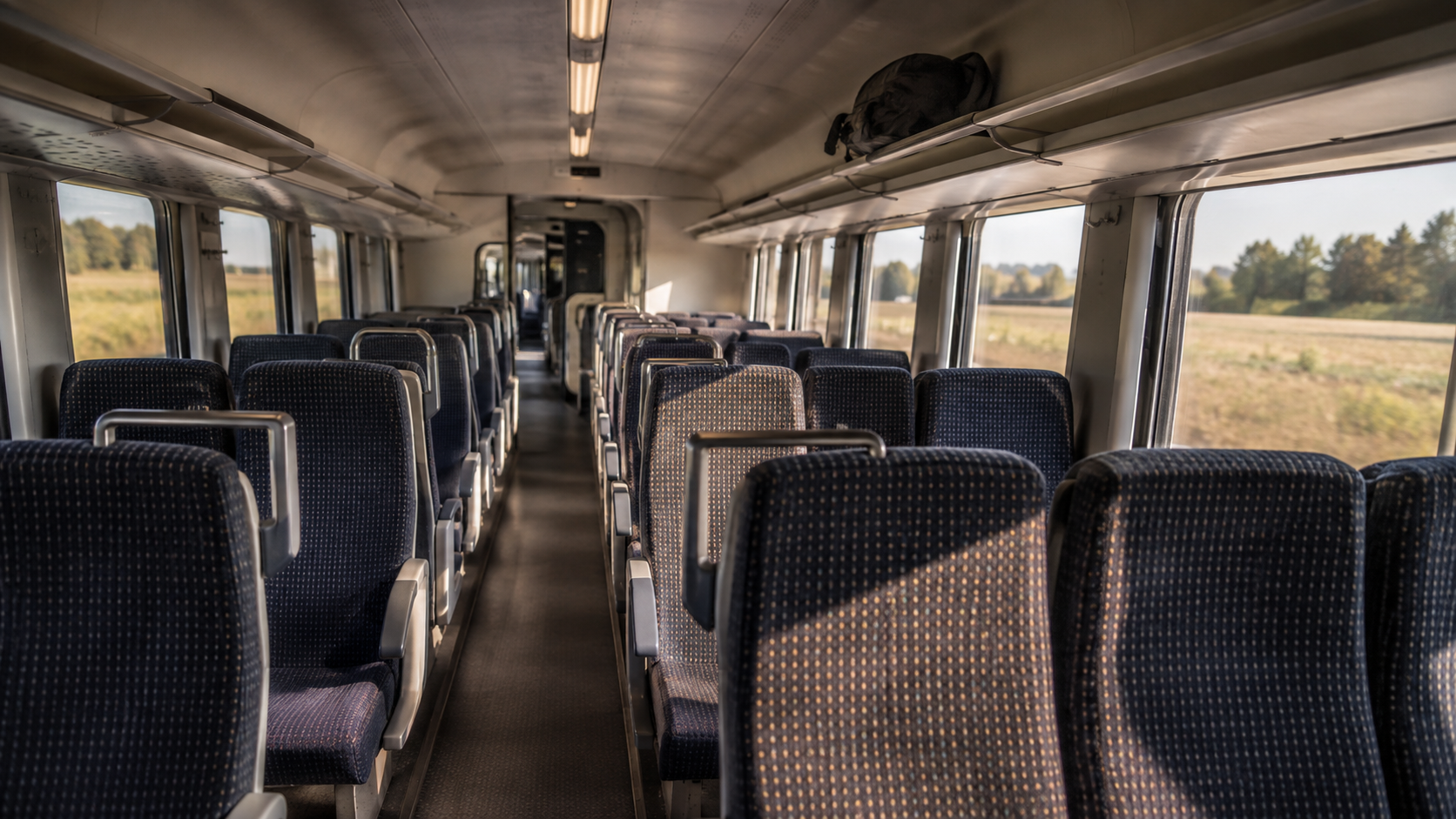 Intérieur d'une voiture de train régionale vue depuis l'allée centrale, sièges de seconde classe vides et grandes fenêtres éclairées par la lumière du jour, un sac à dos sur le porte-bagages.