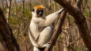 Sifaka à couronne dorée accroché à une branche dans une forêt sèche du nord de Madagascar