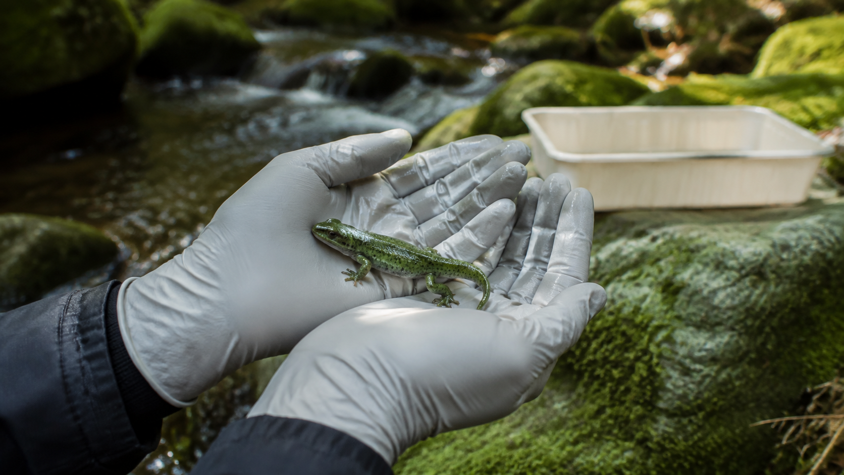 Mains gantées d'un biologiste tenant une petite salamandre verte au-dessus de rochers moussus près d'un ruisseau