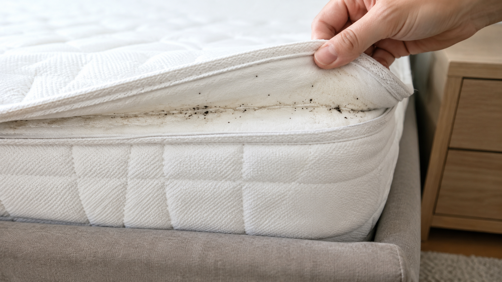 Gros plan sur une main soulevant le coin d'un matelas blanc le long de la couture, révélant de petites taches noires.