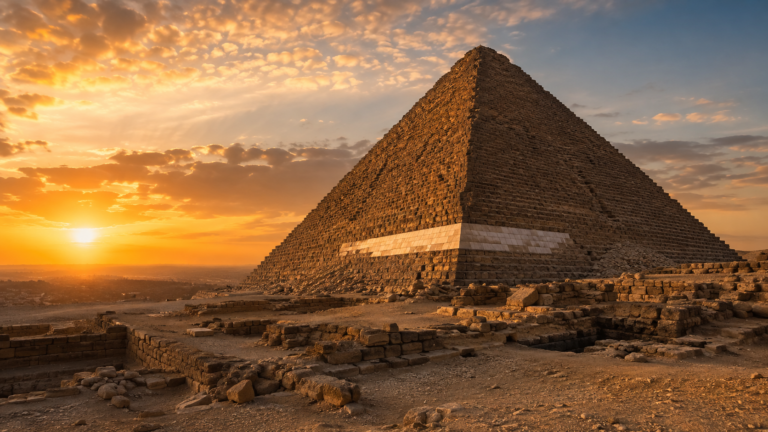 Le plateau de Guizeh au coucher du soleil, avec la pyramide de Mykérinos au premier plan
