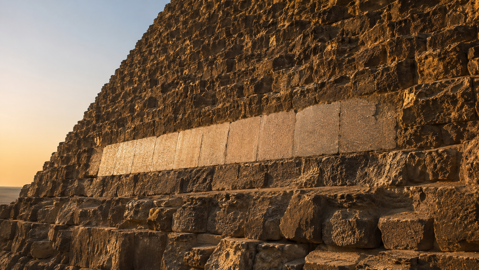 Gros plan sur la façade est de la pyramide de Mykérinos, avec sa zone de pierre polie