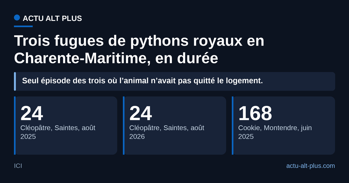Deux fugues de Cléopâtre, deux fois vingt-quatre heures : la seconde s’est jouée entièrement à l’intérieur du logement. Limite de méthode : la durée de l’épisode Cookie est donnée comme « près d’une semaine » par la source et arrondie ici à sept jours.