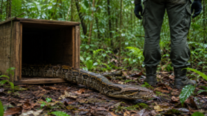 Python réticulé sortant d’une caisse de transport en bois posée sur la litière d’une forêt tropicale, bottes et gants d’un agent visibles de dos au bord du cadre