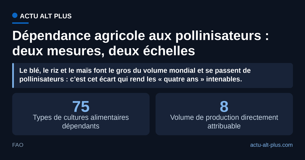 Trois types de cultures alimentaires sur quatre profitent des pollinisateurs, mais moins d’un dixième du volume produit dans le monde leur est directement attribuable. Limite : la borne haute de la fourchette IPBES (5 à 8 %) est retenue ici, et les deux pourcentages ne mesurent pas la même grandeur (nombre de cultures contre tonnage produit).