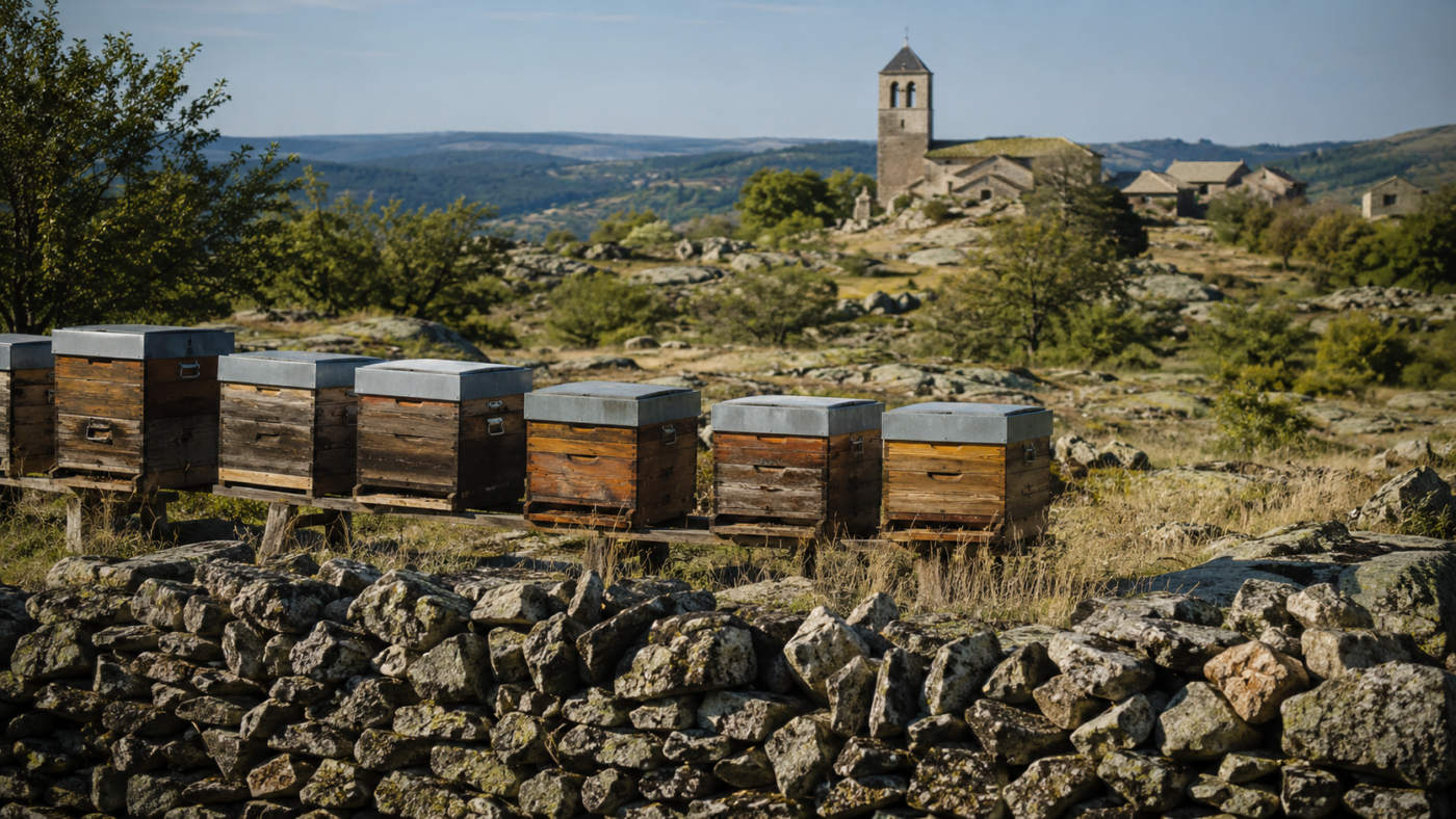 Rangée de ruches en bois sur un plateau granitique de Lozère, muret de pierre sèche au premier plan et clocher de village roman à l’horizon