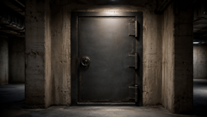 Porte en acier soudée fermant une chambre souterraine sous un bâtiment universitaire américain.