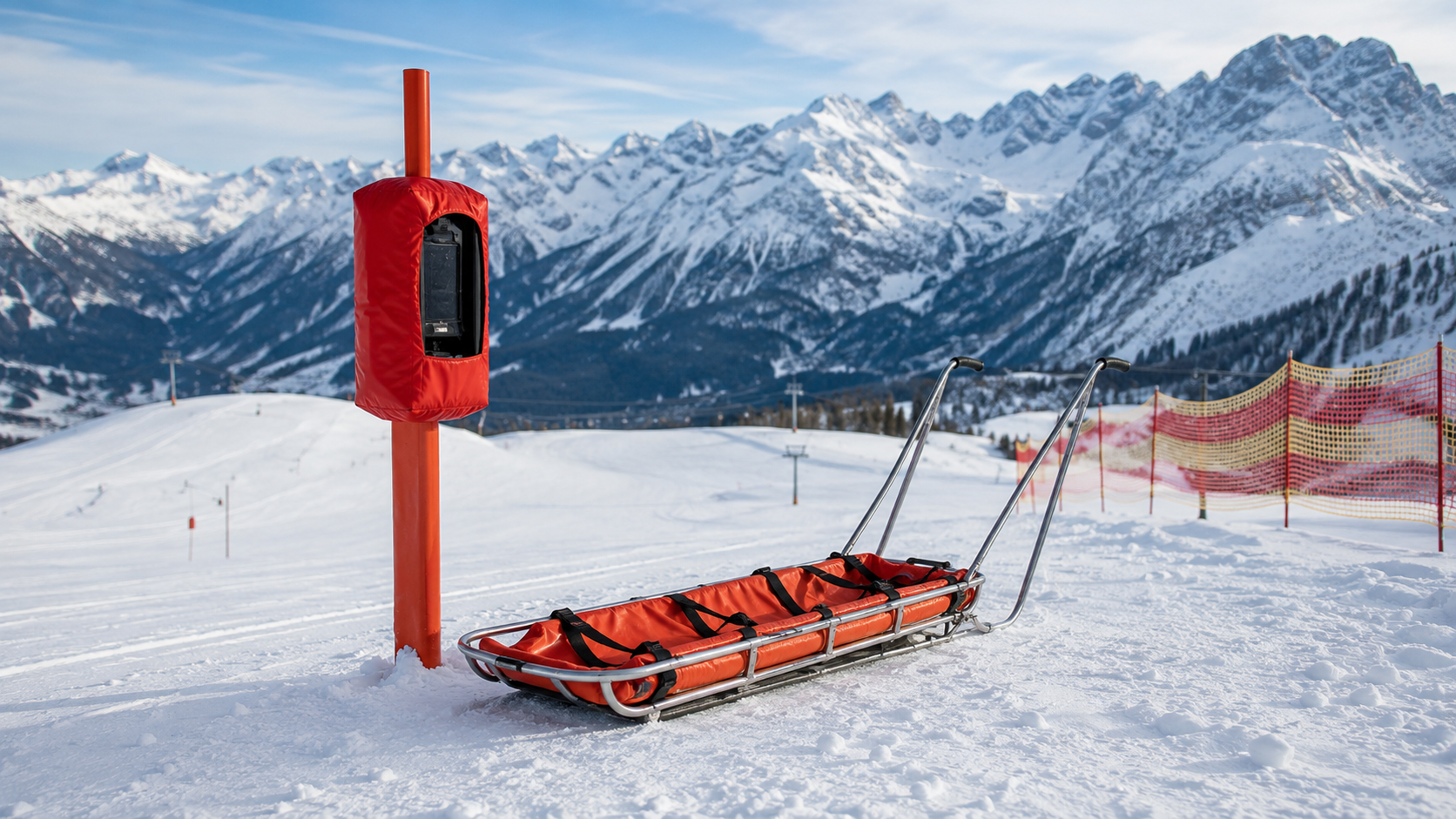 Traîneau de secours et balise de premiers soins au bord d’une piste enneigée, sans personne autour.