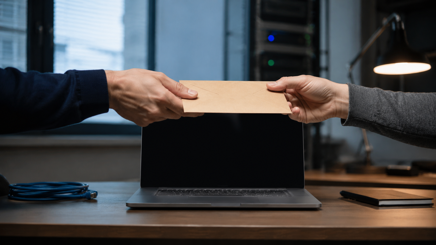 Deux paires de mains se repassent une enveloppe scellée au-dessus d’un clavier d’ordinateur portable.
