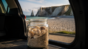 Un bocal en verre rempli de sable et de coquillages vides posé dans un coffre de voiture ouvert, devant une plage de galets et des falaises de craie.