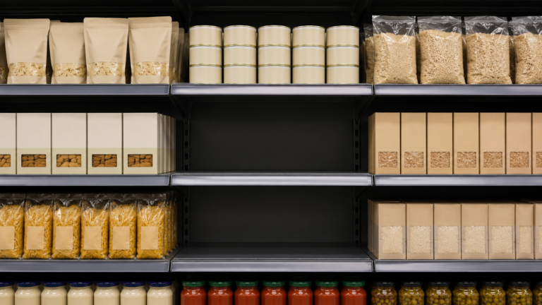 Rayon de supermarché vu de face avec un emplacement vide au milieu de produits alignés aux emballages neutres.