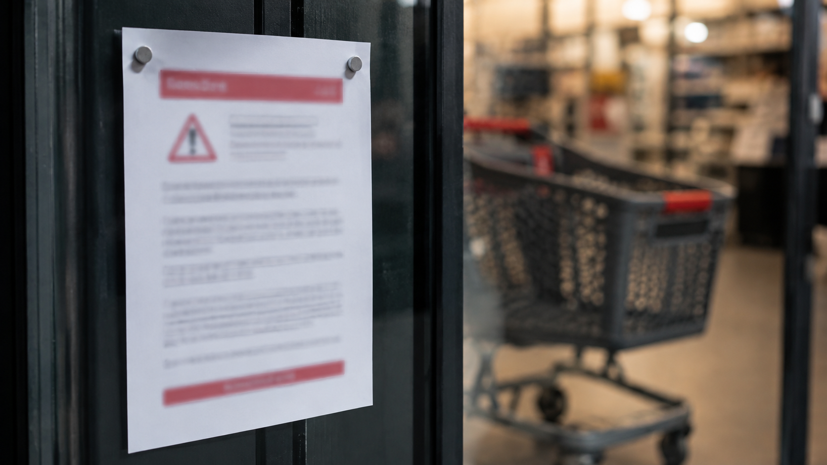 Feuille imprimée épinglée près de l'entrée d'un magasin, texte illisible, chariot flou en arrière-plan.