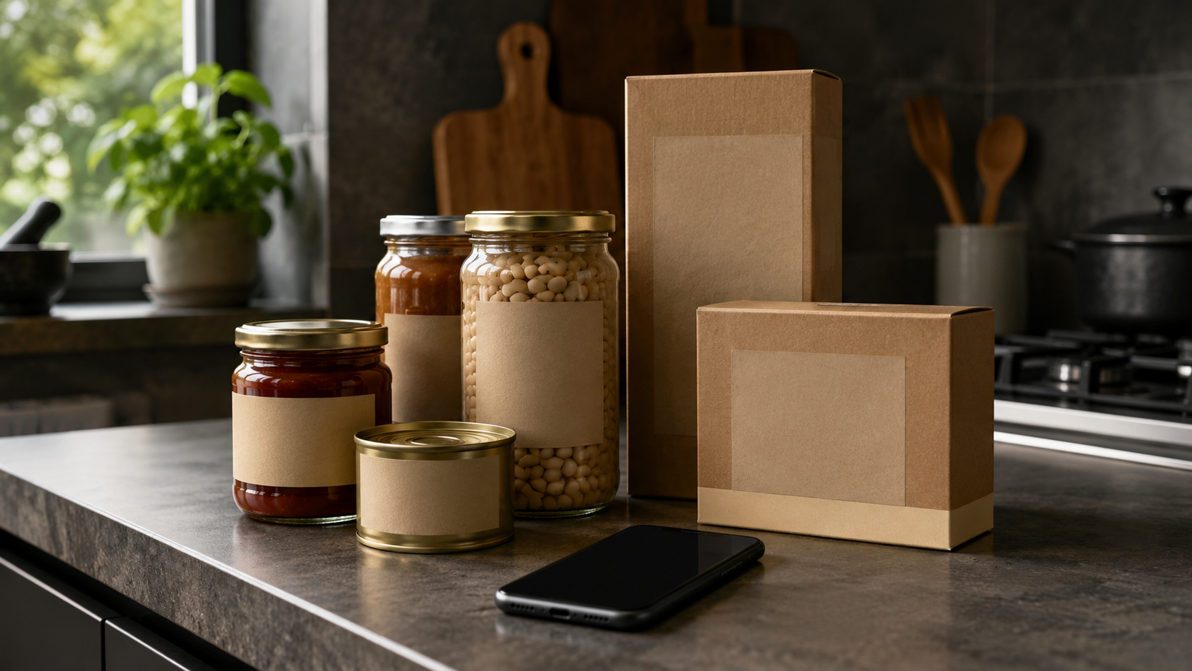 Plan de travail de cuisine avec quelques bocaux et boîtes d'aliments aux étiquettes neutres, un smartphone posé à côté.