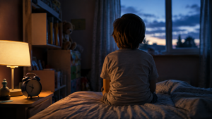 Enfant de dos assis sur son lit dans une chambre au crépuscule, un réveil posé sur la table de nuit