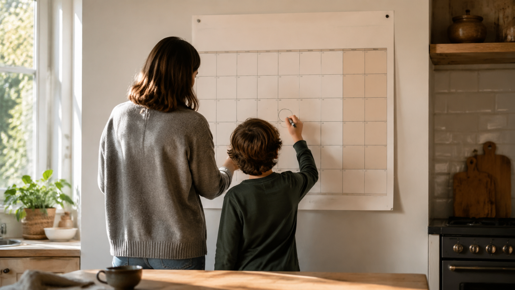 Parent et enfant de dos entourant une date sur un calendrier mural dans une cuisine lumineuse