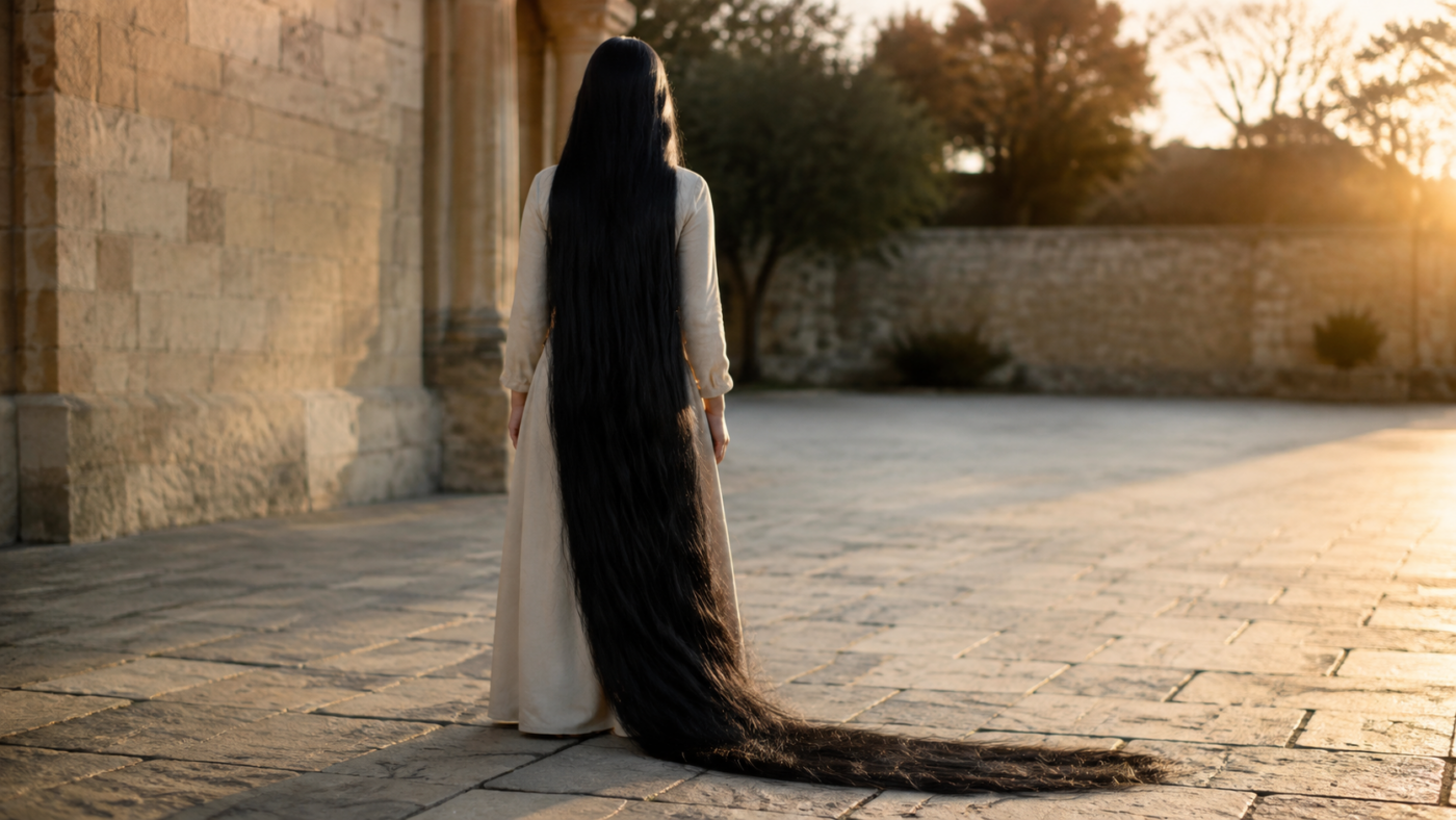 Femme vue strictement de dos, très longue chevelure noire tombant jusqu'au sol et s'étalant plus d'un mètre derrière elle dans une cour baignée de lumière chaude